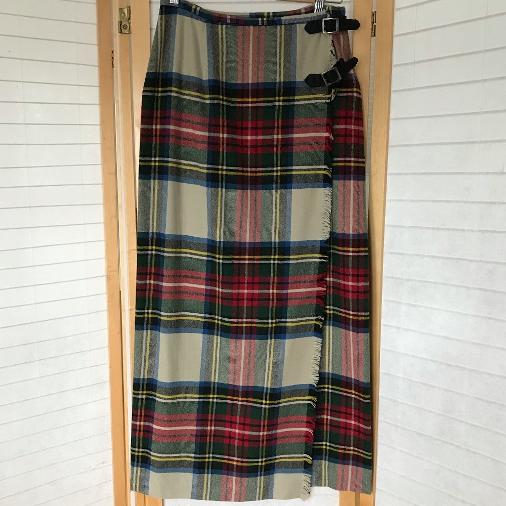 Vintage Ralph Ralph Lauren size 8 wrap skirt plaid wool kilt frayed edge buckles
